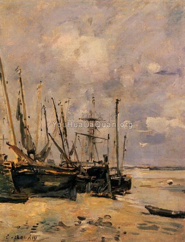 Boats at the Beach at Low Tide - 尤金·布丹